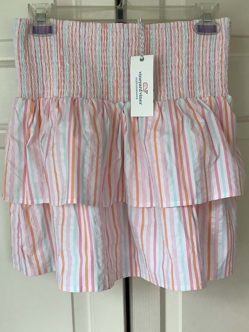 Vineyard Vines Pastel Stripe Ruffled Mini Skirt - Pink, Orange, Mint on White.